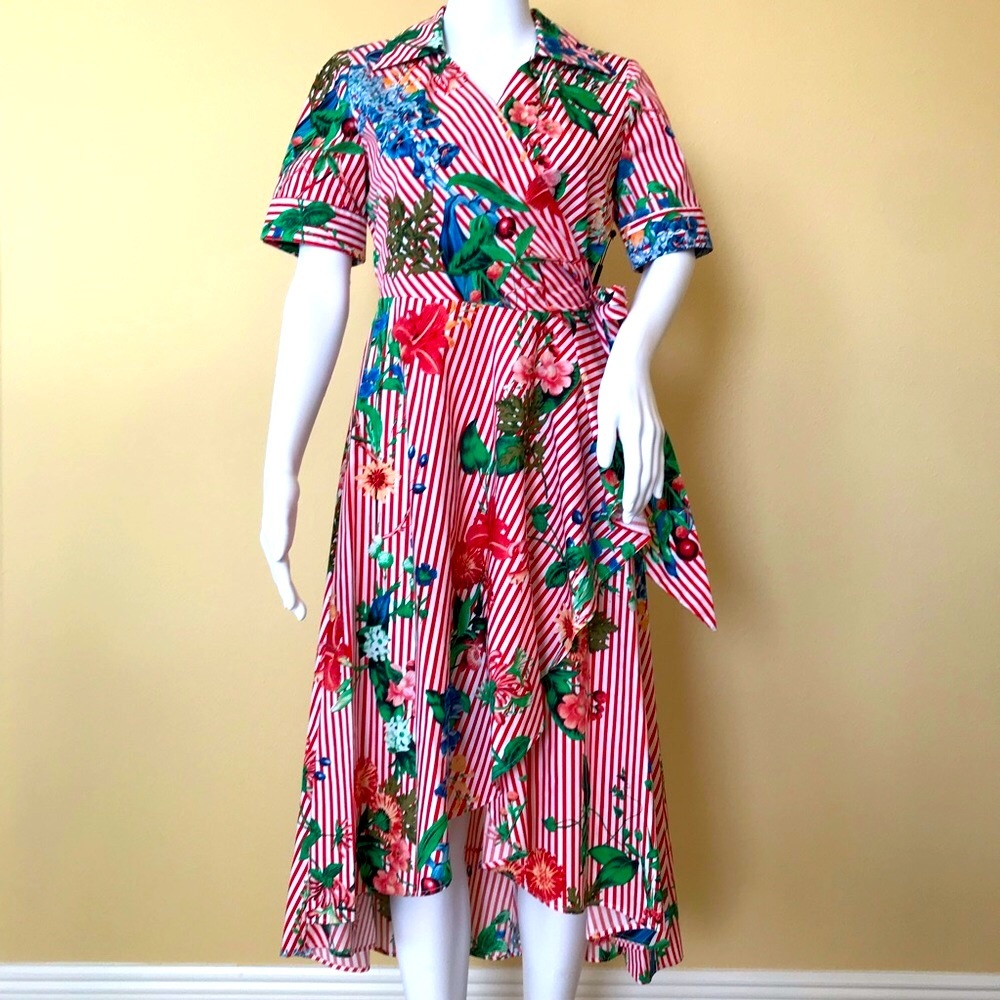 Calvin Klein Striped Wrap Dress Red White Collared